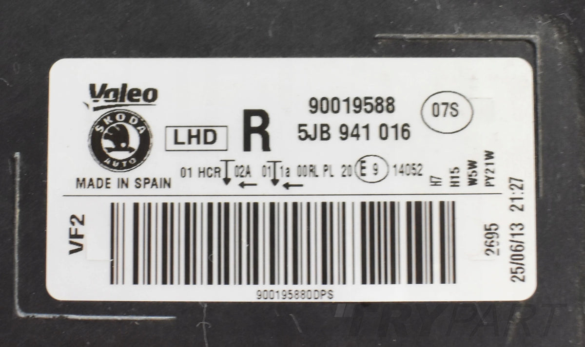 SKODA RAPID 5J HEADLIGHT RIGHT FRONT EU ORG