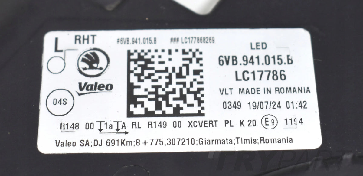 SKODA FABIA IV 6VB LEFT FRONT HEADLIGHT EU ORG CRYSTAL 6VB941015B