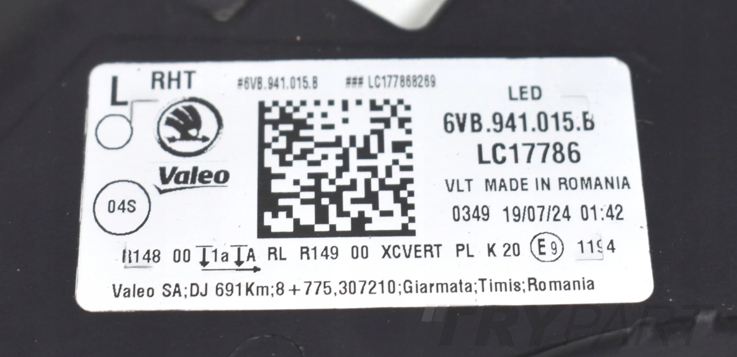 SKODA FABIA IV 6VB LEFT FRONT HEADLIGHT EU ORG CRYSTAL 6VB941015B